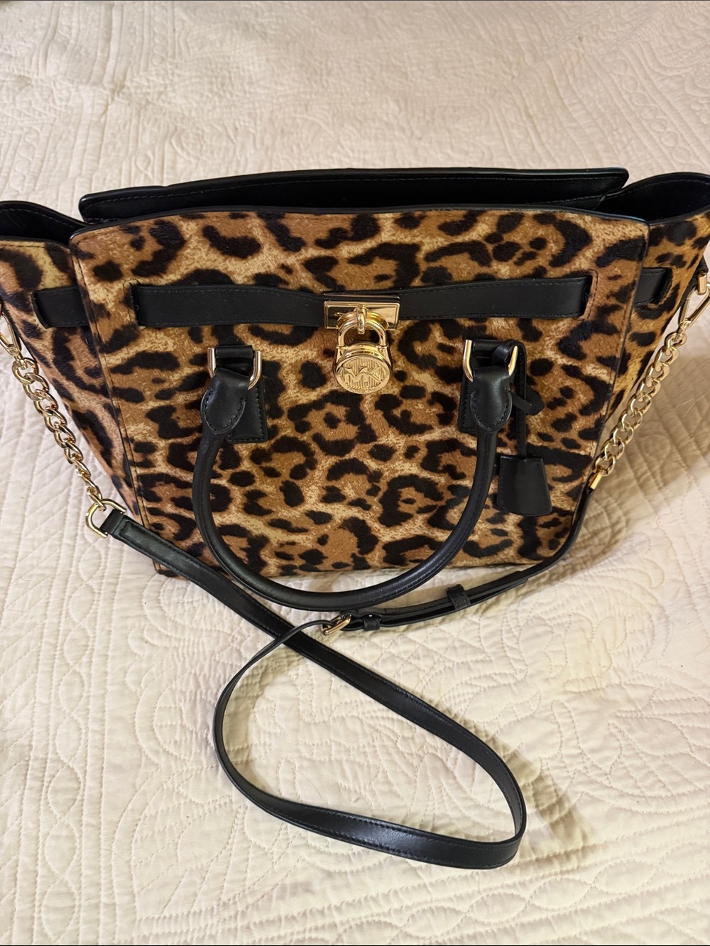 Michael Kors Leopard Print Satchel with Black Trim and Gold Hardware
